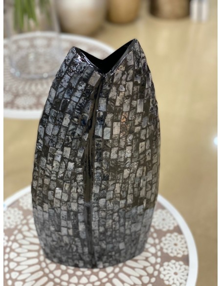 Jarrón nacar mosaico negro 21*42cm