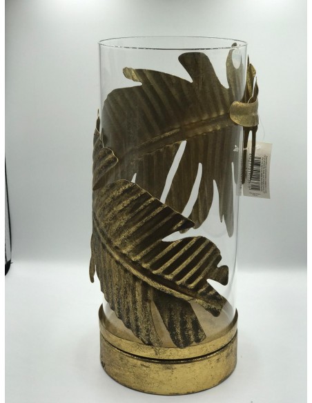Portavelas Metal Dorado Hojas cilindro Cristal Ø12,5x28,5cm